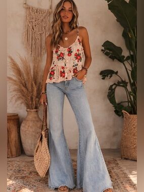 ROXY Floral Print Boho Spaghetti Strap Sleeveless Camisole Tank Top Size Small